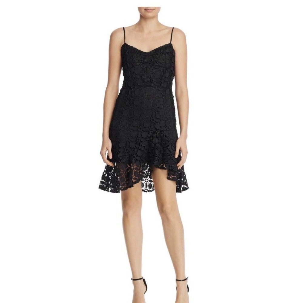 Olivaceous Black Geometric Lace High-Low Ruffle Cocktail Dress Size M